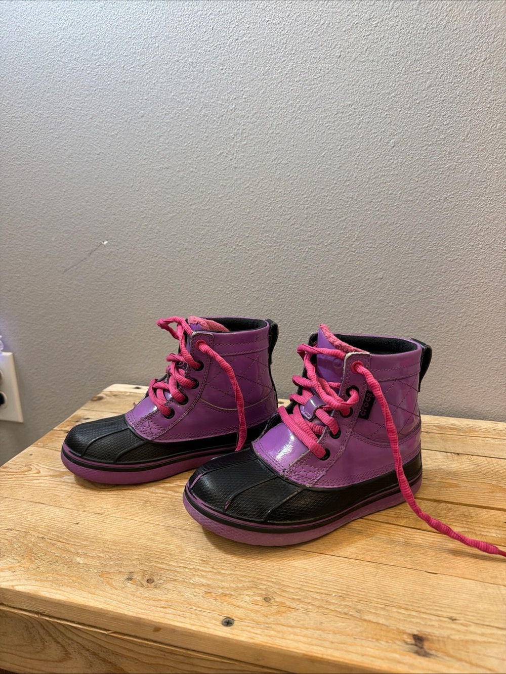 Kids CROCS Waterproof Pink and Purple Lace-Up Winter Boots
